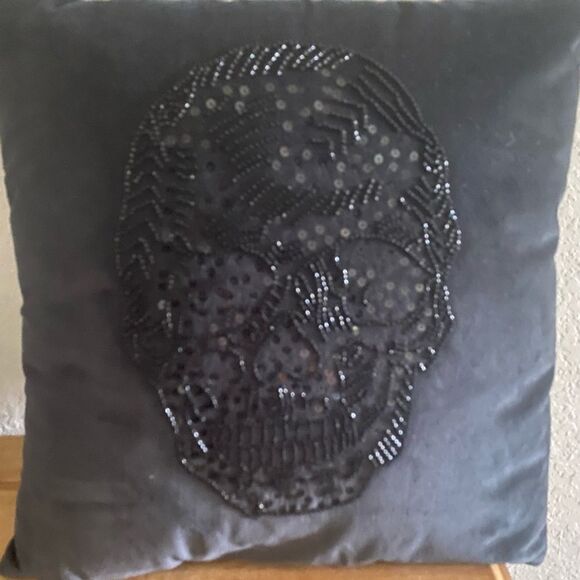 Threshold Black Velvet Decorative Pillow Sequin Beaded Skull Halloween Decor 18” - Picture 3 of 5